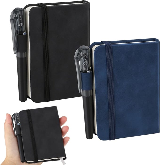 Klein notitieboek met pen, 192 pagina's, A7 formaat, elastische band, bookmark, ideaal voor kantoor en onderweg