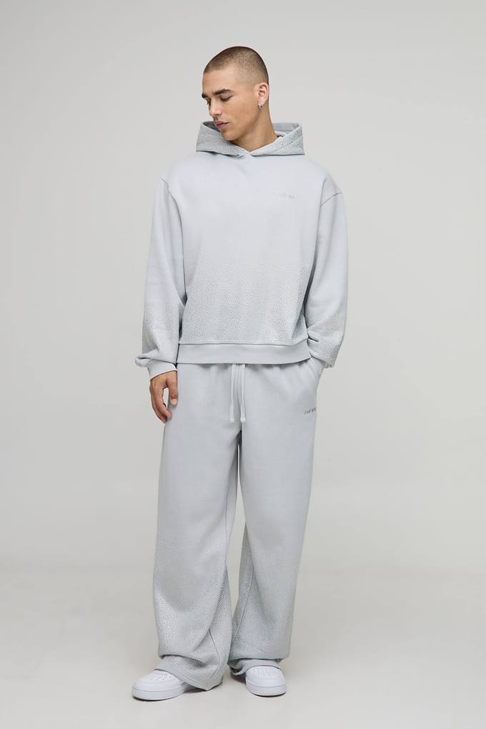 Oversized Boxy Rhinestone Hoodie And Wide Leg Jogger | Grey | Size Medium