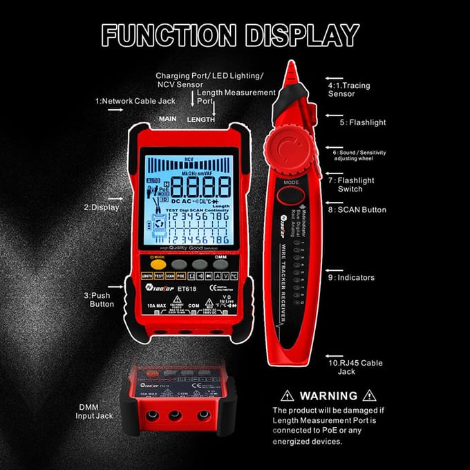 TOOLTOP ET616 Draagbare draagbare kabeltester met LCD-scherm Analoge digitale zoekfunctie POE-testkabel ET618