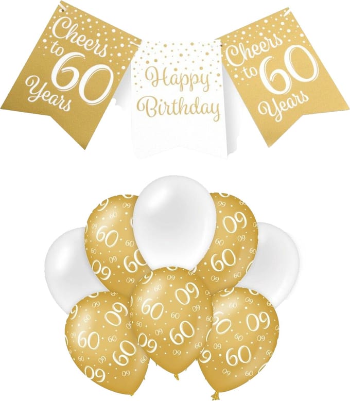 Paperdreams Luxe 60 jaar feestversiering set - Ballonnen & vlaggenlijnen - wit/goud