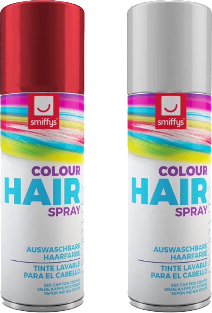 Smiffys Carnaval verkleed hoofdhaar verf/spuitspray - wit en rood - spuitbussen - 125 ml p/st