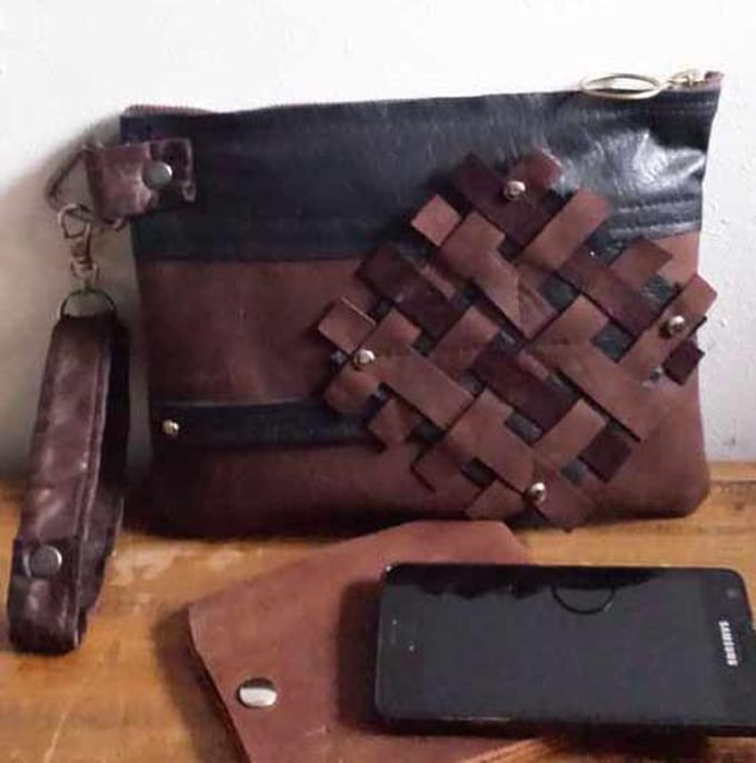 Toetie & Zo Handgemaakte Leren Clutch Patchwork 7, tasje, makeuptas, bruin, leer