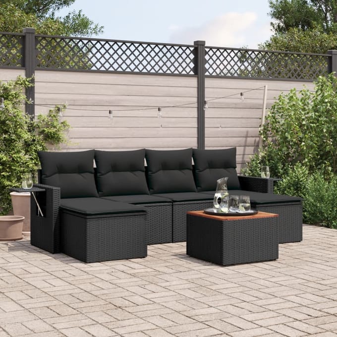 vidaXL - 7-delige - Loungeset - met - kussens - poly - rattan - zwart