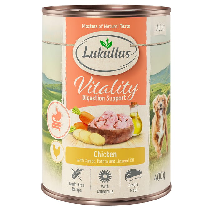 6x400g Vitality Ondersteunt de Spijsvertering Kip Graanvrij Lukullus Honden natvoer
