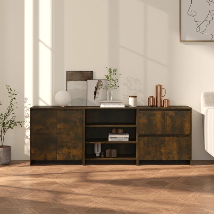 vidaXL - 3 - st - Dressoirs - bewerkt - hout - gerookt - eikenkleurig