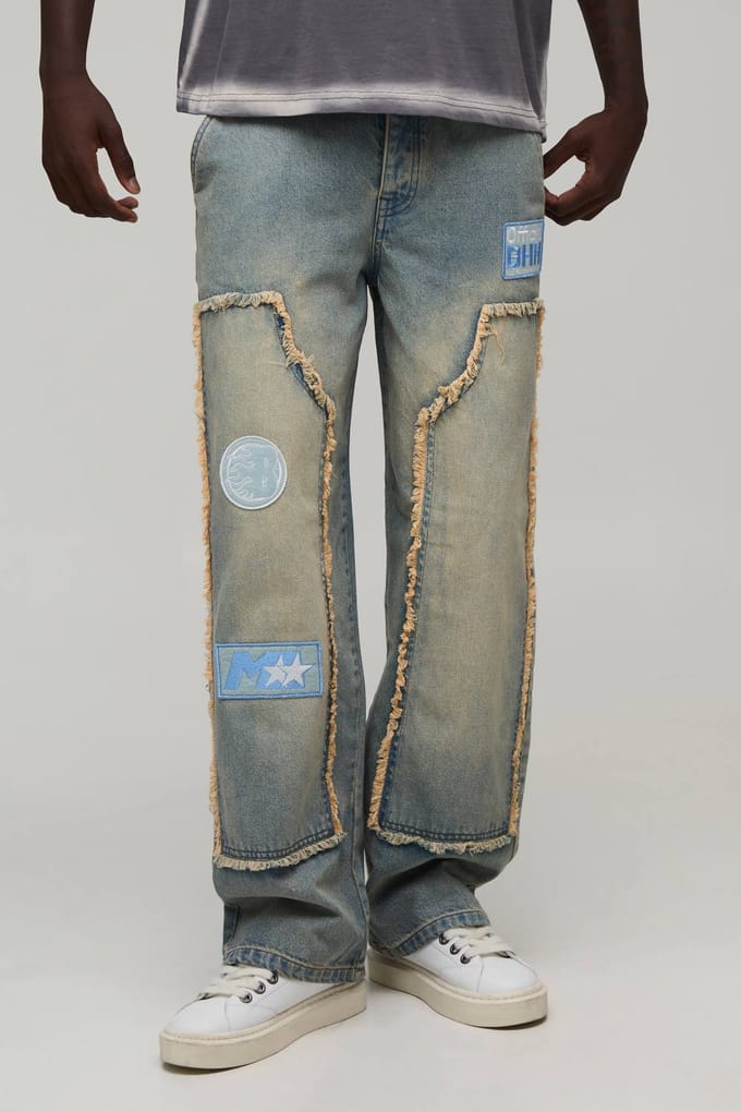 Relaxed Spijkerbroek Met Ruwe Randen En Moto Carpenter Stijl | Stonewash | Size 44