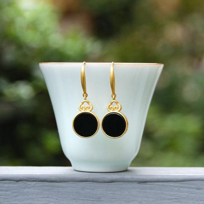 Design Créatif Boucles d'Oreilles Rondes Miroir en Jade Naturel Hetian Incrusté Design Artisanat Or Antique Bijoux Style Chinois Classique white