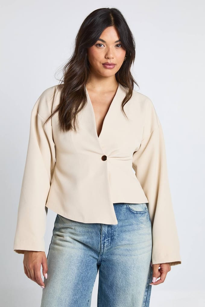 boohoo Dames Gouden knoop lange mouw wikkeltop | Ecru | Maat: 42
