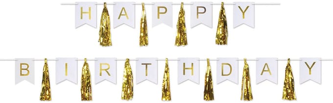 360 DEGREES - Slinger kwastje Happy Birthday goud en wit 4,56 m van karton