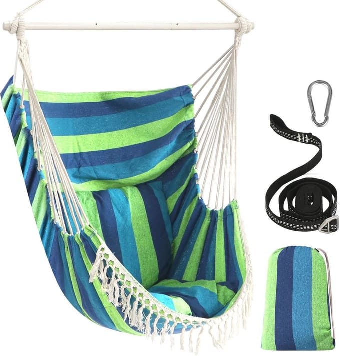 Hangstoel voor binnen en buiten, max 150 kg, met kussens en macramé design