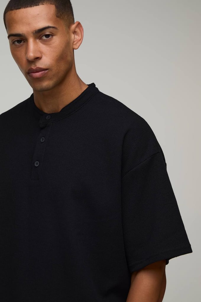 Oversized Boxy Waffle Henley T-Shirt & Baggy Shorts Set | Black | Size Medium