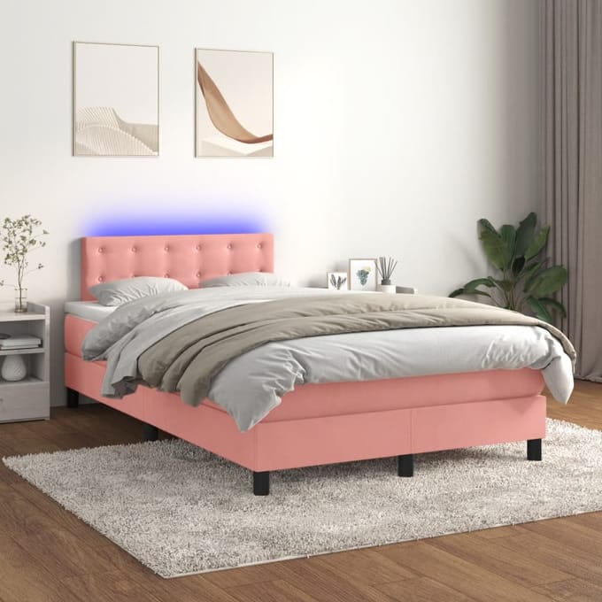 vidaXL - Boxspring - met - matras - en - LED - fluweel - roze - 120x200 - cm