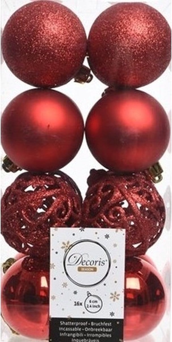 Decoris Kerstballen - 16x st - rood - D6 cm - kunststof - kerstversiering