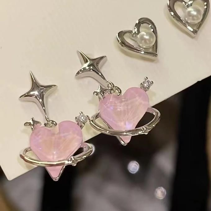 6 stks/set Hart Stud Oorbellen vrouwen Persoonlijkheid Mode Roze Kristal Temperament Ster Oorbellen Piercing Oren Sieraden 6pcs gray