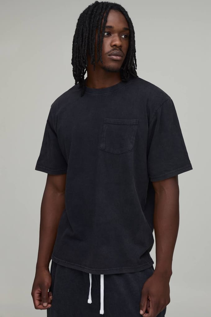 Lang Essentieel Gewassen Regular Fit T-shirt Met Borstzak | Black | Size 2XL