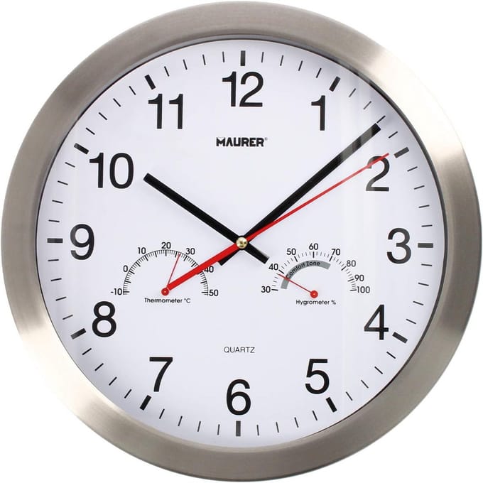 Analoge Wandklok 30 cm met Thermometer en Hygrometer - XL Stalen Frame