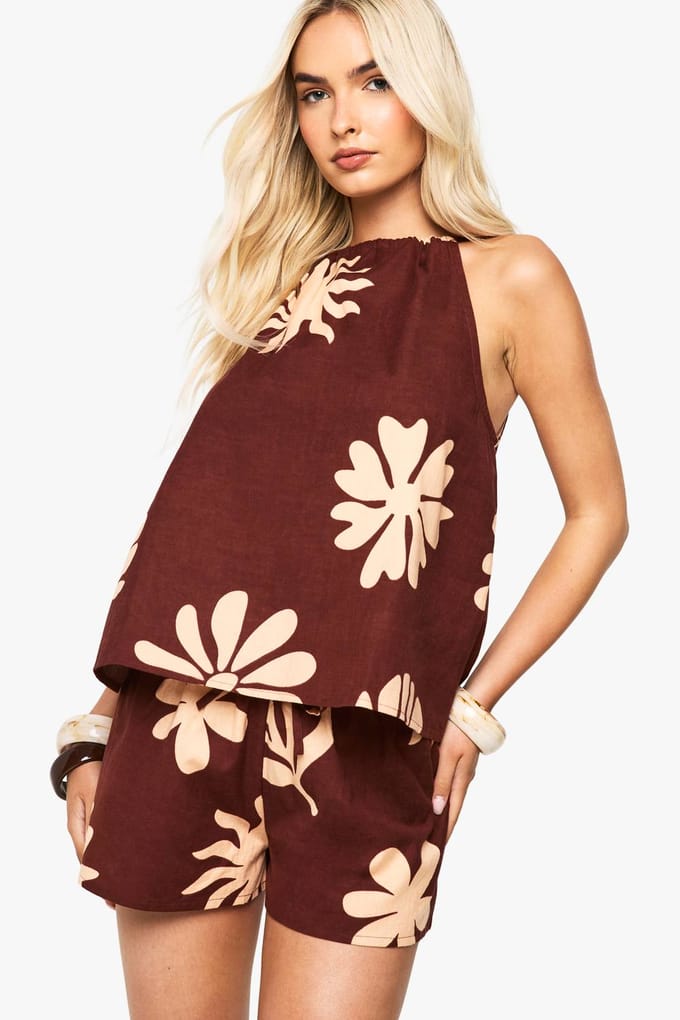 boohoo Dames Linnen shorts met schelpprint | Chocoladebruin | Maat: 36