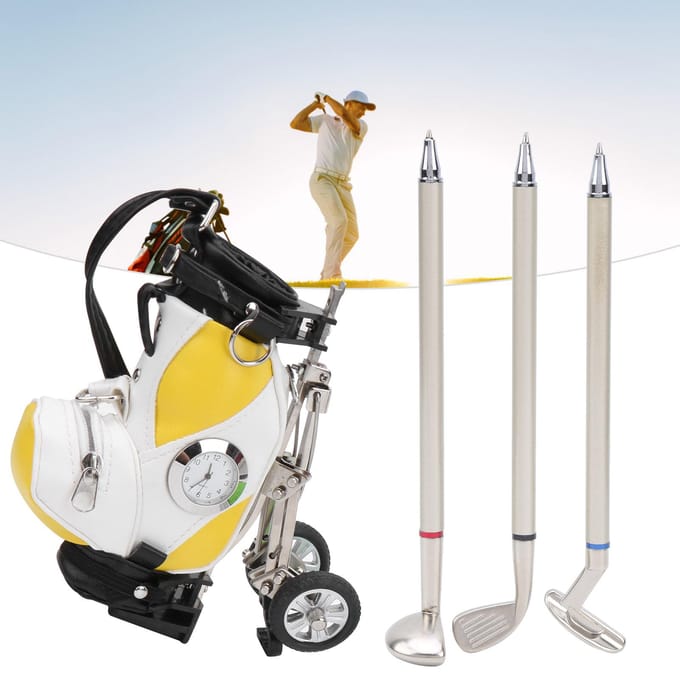 Desktop Golf Pennenset 3 Balpennen en Mini Tas Zinklegering Golf Pennenzak met Horloge white