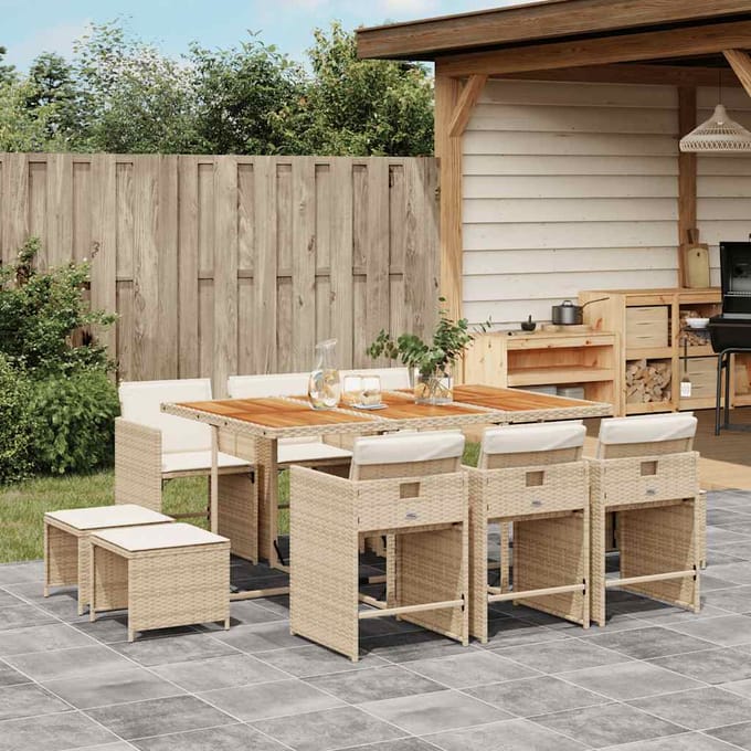 vidaXL - 11-delige - Tuinset - met - kussens - poly - rattan - beige