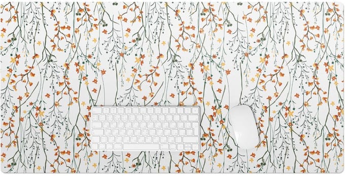 Wallfluent - Herfstbloemen Op Een Tak Bureau Onderlegger - 100x50 cm - Wit Computer Mat - Boho-patroon Bureau Pad - Bureau Onderlegger Groot - Kantoor Decoraties - Bureauonderlegger