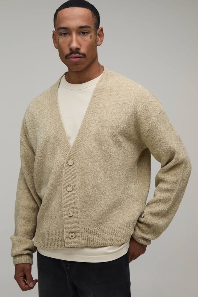 Relaxed Boxy Boucle Knitted Cardigan | Ecru | Size Medium