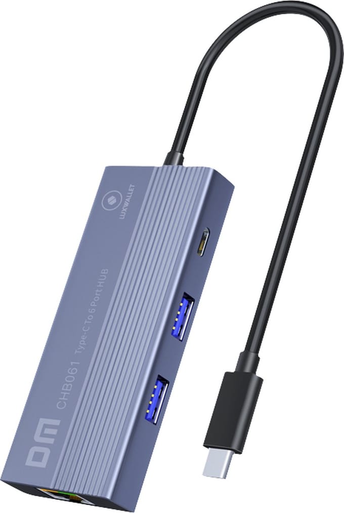 Luxwallet DM USB-C Hub 6-in-1 – 4K HDMI – 3× USB 3.0 – Gigabit Ethernet – USB-C Power Delivery 60W – 20cm Kabel – Zinklegering