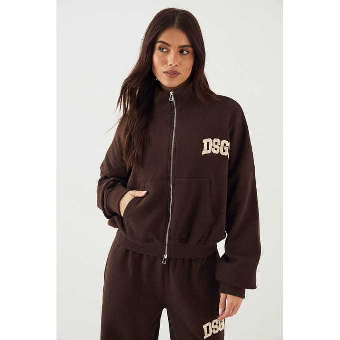 Dames DSGN Studio Cord Applique Ritssluiting Bomber Sweatshirt | Dark Chocolate | Maat: 3XL