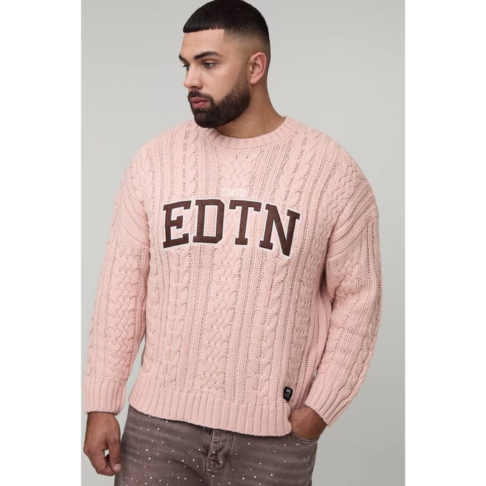 Plus Limited Edition oversized geborduurde gebreide trui | Pink | Size Medium