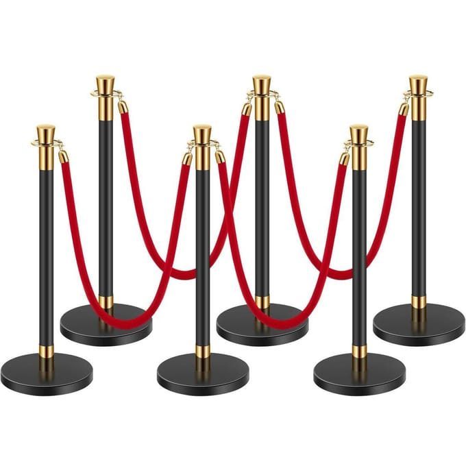 6 Piliers de Signalisation avec 4 Cordes en Velours Rouge et Base Creuse à Injection de Sable