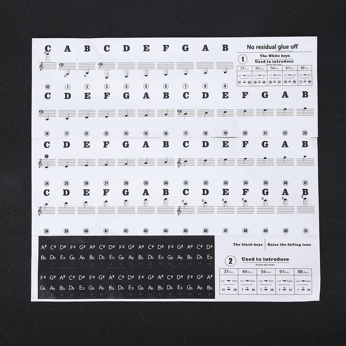 Autocollants pour Piano Partition Clavier PVC Noir Blanc Chiffres Notes pour Enfants Débutants white