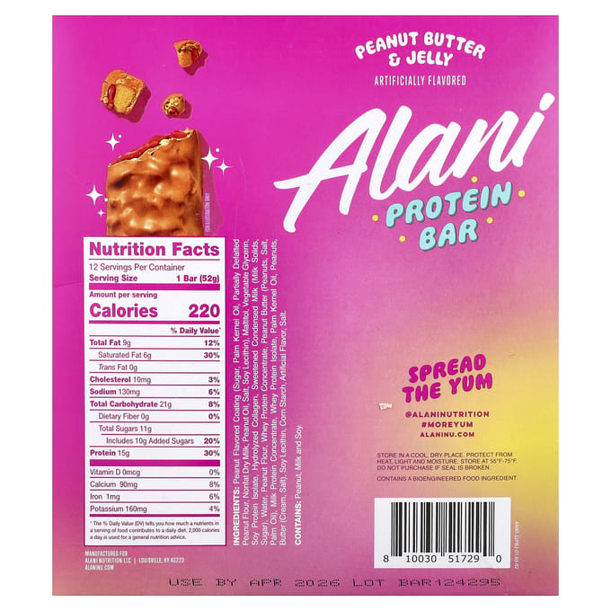 Alani Nu Eiwitreep, Pindakaas & Jelly, 12 Repen, 52g (1,83 oz) Elk