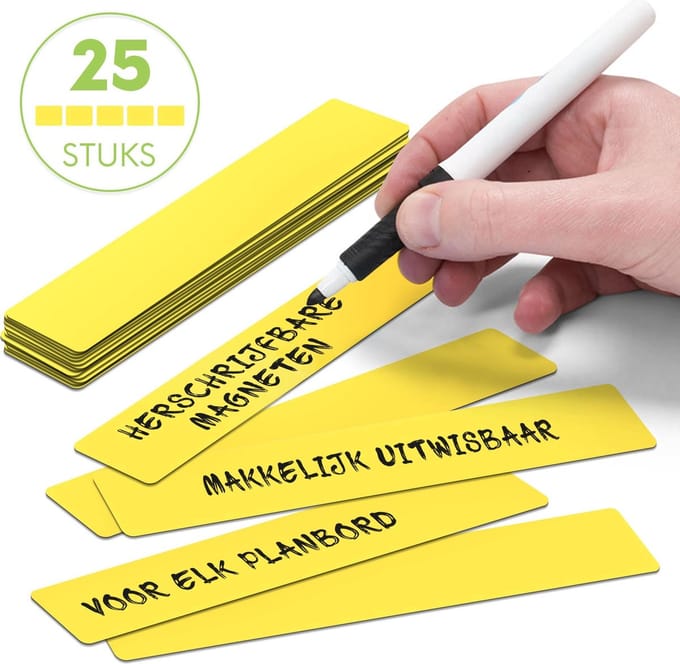 25 Whiteboard Magneten Balk 15 x 2,5 cm Geel - Herschrijfbaar