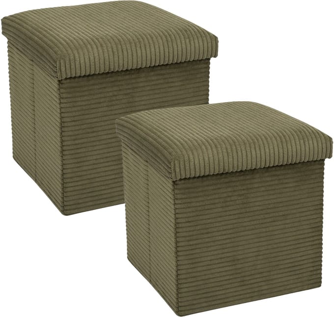 Home Deco Factory Poef/hocker opvouwbaar - 2x - rib design - opbergbox - groen - polyester/mdf - 38 x 38 cm