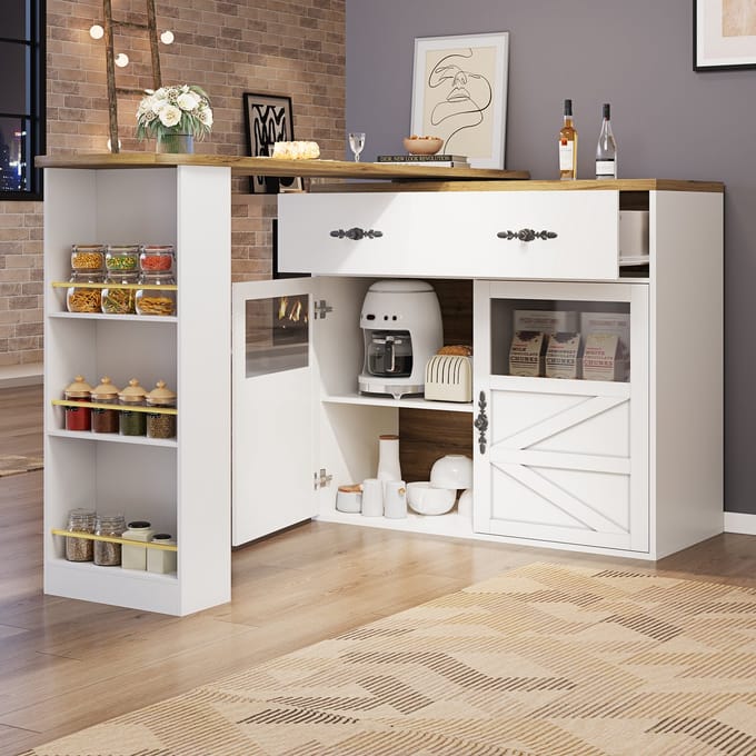 HAUSS SPOLE Bartafel - Uitschuifbare Bartafel met 360 Graden Draaimechanisme, Lade en Verstelbare Planken - MDF - Wit - 138-204x39x104 cm