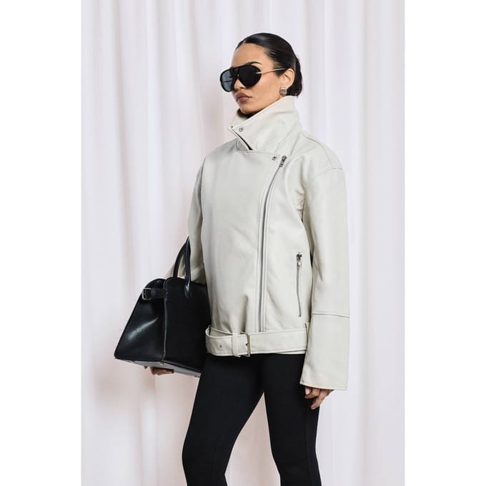 boohoo Dames Super oversized bikerjasje met ceintuur | Stone | Maat: 12