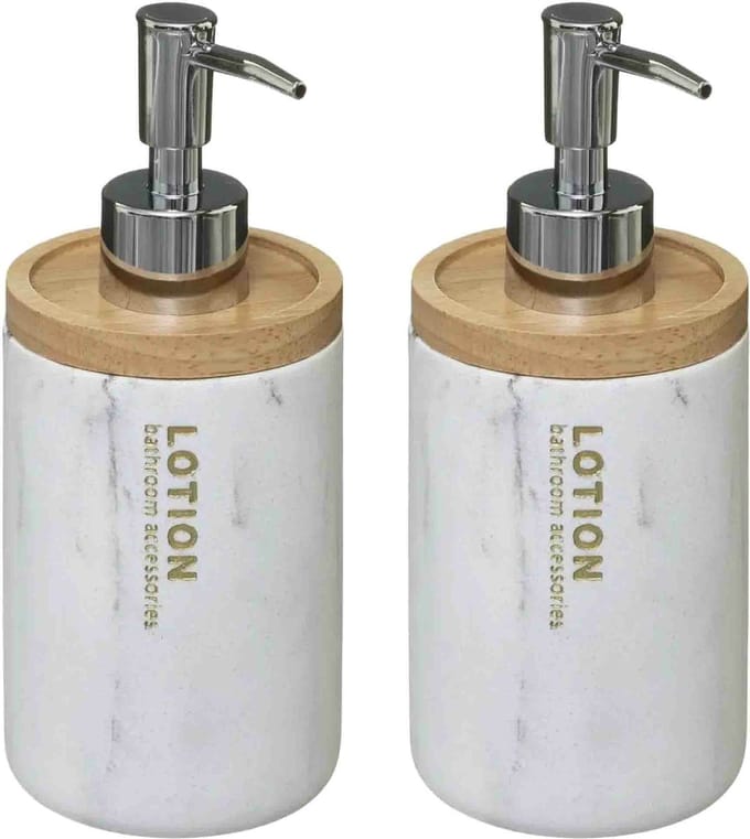 5five Zeeppompje/zeepdispenser - 2x - marmer look - wit - 272 ml - navulbaar - keuken/toilet/badkamer