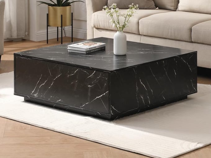 Vente-unique Salontafel met 2 lades van MDF - Zwart marmereffect - ANTRIM