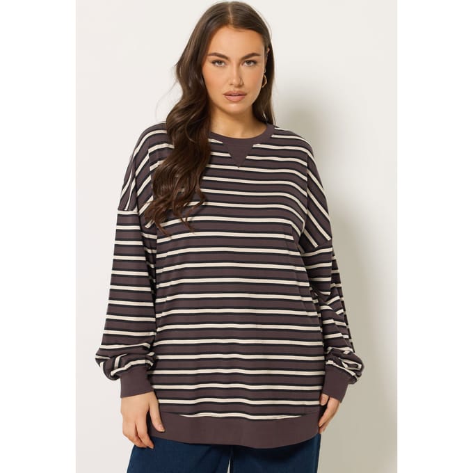 Yours Bruine Gestreepte Top Met Ballonmouwen Size 50-52