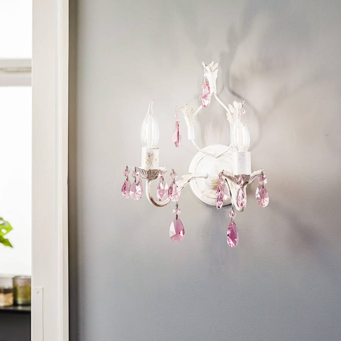 ONLI Wandlamp Kate 2-lamps, wit, roze kristallen