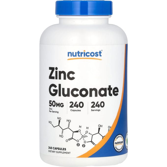 Nutricost, gluconate de zinc, 50 mg, 240 gélules