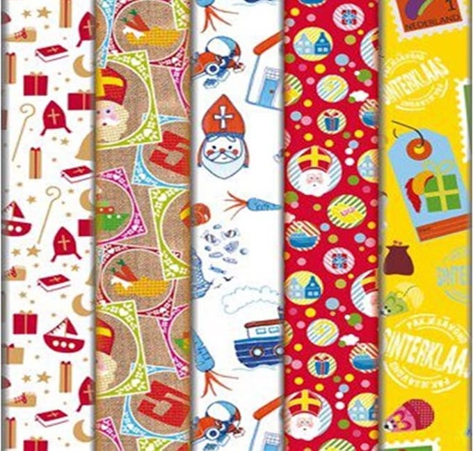 Sinterklaas Cadeaupapier – 5 Rollen – 46,5 x 250 cm – 5 Verschillende Dessins – Ø 35 mm – 12,5 Meter Inpakpapier
