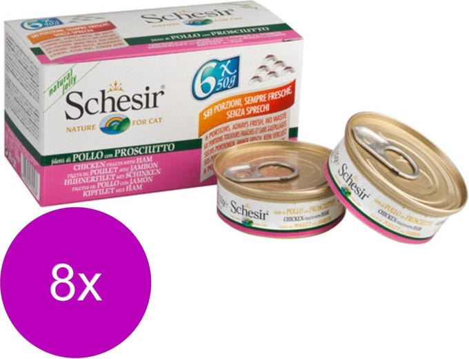 Schesir Kat Mp Blik Gelei 6x50 g - Kattenvoer - 8 x Kipfilet&Ham