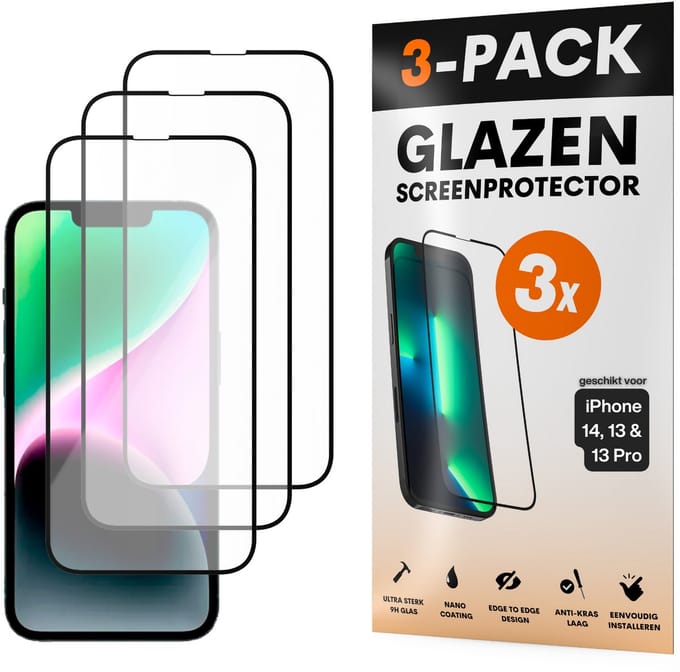 Screenprotector - Geschikt voor iPhone 16E / 14 / 13 / 13 Pro - Gehard Glas - Full Cover Tempered Glass - Case Friendly - 3 Pack