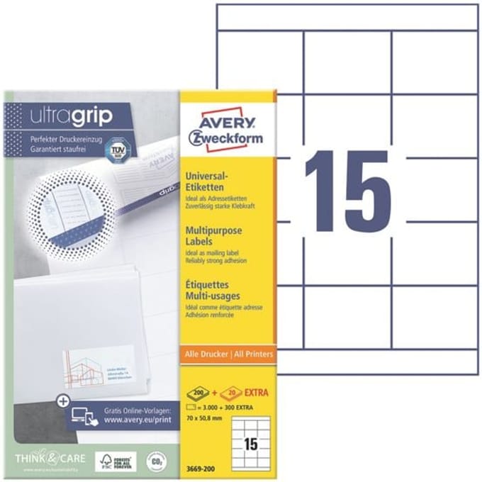 Avery-Zweckform 3669-200 Universele etiketten 70 x 50.8 mm Papier Wit 3300 stuk(s) Permanent hechtend Laser (zwart/wit), Laser (kleur)