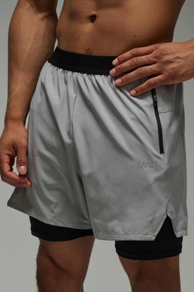 Men's Active Stretch Woven 2in1 Shorts | Light Grey | Size Medium