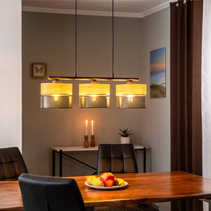 TK Lighting Nicol hanglamp, zwart/hout-effect, 70x20 cm 3-lamps 3 x E27