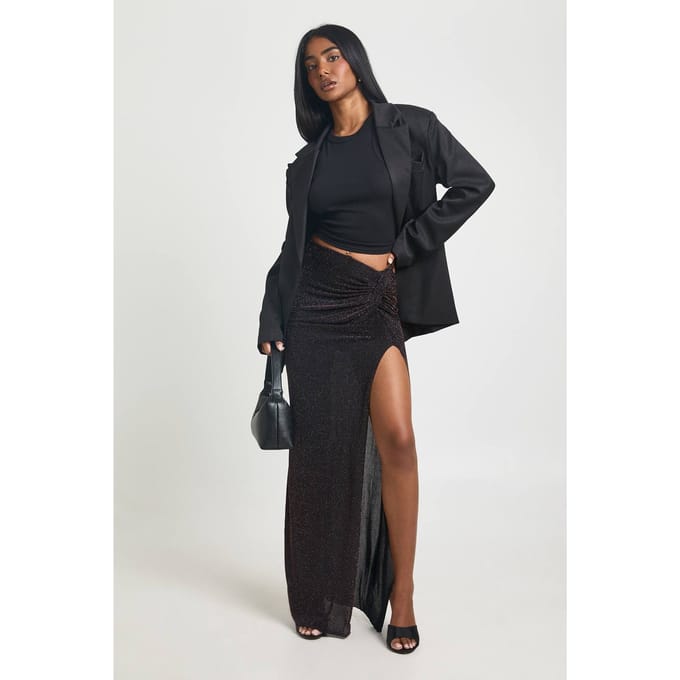 boohoo Dames Glitter Maxi Rok met Gedraaide Voorkant | Black | Maat: 6