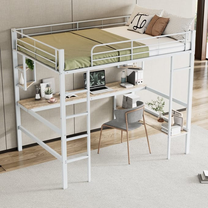 REDOM Bedframe 140x200 cm – Hoogslaper met bureau, boekenplank & trap – Metaal/MDF – Wit – EN747