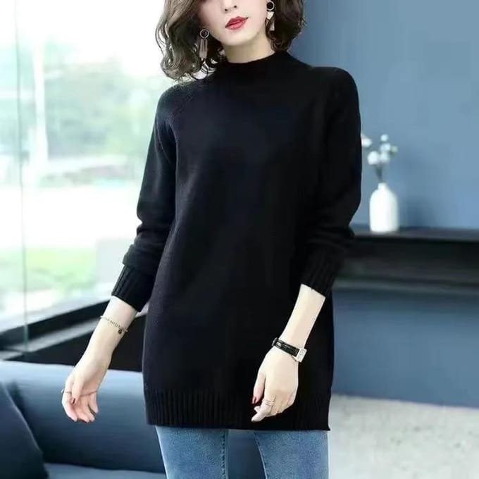 Middellange Plus Size Trui Dames Herfst en Winter Losse Effen Kleur Binnen Pullover Onderlaag Trui M zwart