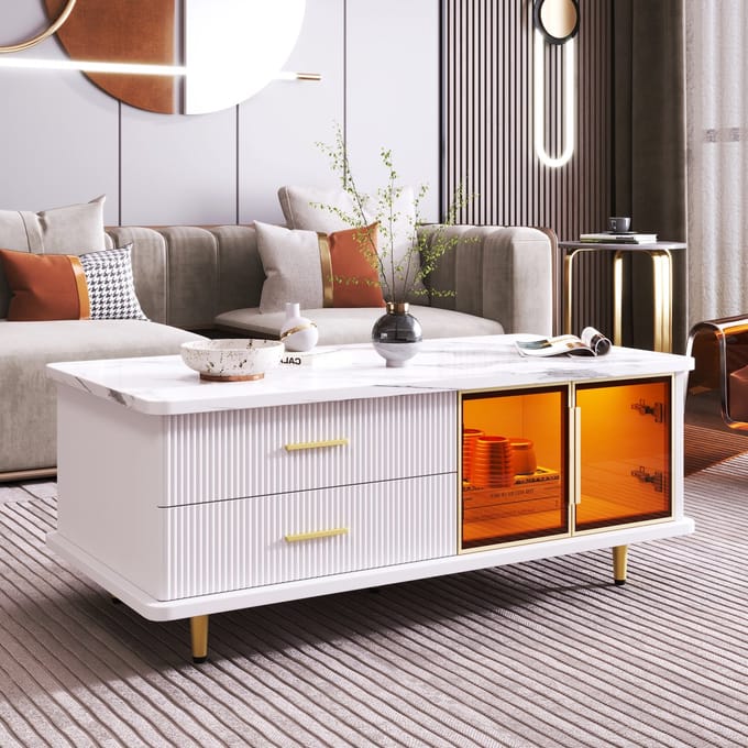 Salontafel - Modern - Glasdeur en Marmerlook - Golfstructuur en Gouden Poten - Glas en MDF - Wit